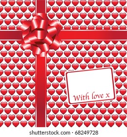 Glossy hearts and gift ribbons with a gift label. Fully editable EPS10 vector format. Space for your text.