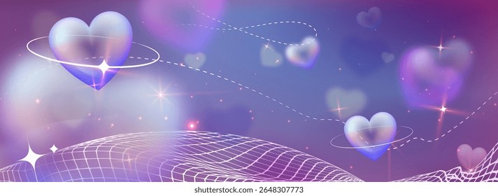 Glossy hearts orbit in purple pink gradient space with y2k wireframe wave, stars and sparkles. Realistic 3d dreamy scene with love shapes floating through galaxy for romantic digital designs.