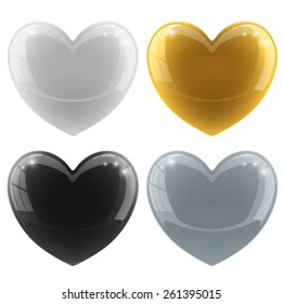 Glossy hearts vector set with color variants -?? white, black, gold, silver.