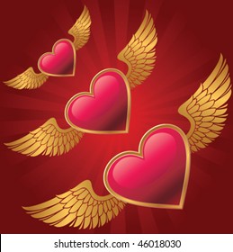 Glossy hearts with wings