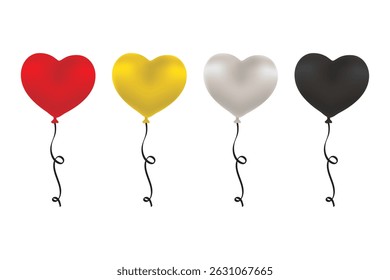 Glossy heart-shaped balloons in bold colors, great for valentine, romantic, or celebratory illustrations.