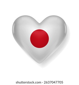 Glossy heart-shaped icon with the flag of Japan. A shiny white heart with a red circle in the center, symbolizing love for Japan.