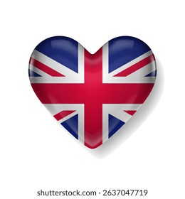 Glossy heart-shaped icon with the United Kingdom flag, symbolizing love for Britain or British culture, isolated on white background.