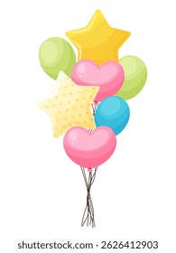 Glossy helium balloons bouquet in cartoon style. Colorful air inflatable star, heart, ball shaped baloons bunch. Vector element for party, birthday, circus, celebration kid holiday