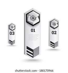 Glossy hexagon design of  isolated flying robots in a white space  with minimal 3d shadow. Vertical arranged technical and mechanical elements for sale. Ideal choice for visualization and presentation