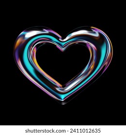 Glossy holographic 3D heart shape. Isolated vector element for retro futuristic cyber design in Y2K style. Metallic heart form with rainbow gradients and reflections