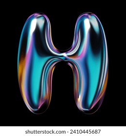 Glossy holographic 3D letter H, neon style with reflective surface. Metallic balloon bubble form with shine. Isolated vector render illustration for retro futuristic Y2K design