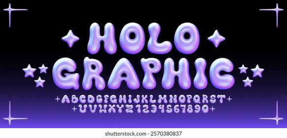 Glossy holographic bubble font. Inflated Iridescent alphabet, 3D holo ballon letters and numbers. Vector set	
