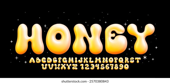 Glossy honey bubble font. Inflated alphabet, 3D yellow ballon letters and numbers. Vector set	
