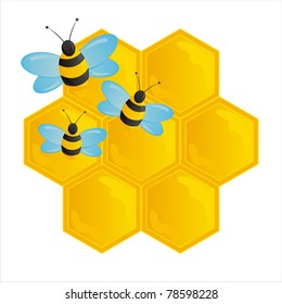 glossy honeycombs with bees isolated on white