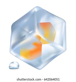 Glossy ice with small orange cubes inside and shiny drop beside realistic isolated vector illustration on white background.
