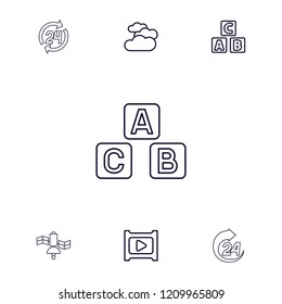 Glossy icon. collection of 7 glossy outline icons such as cloudy weather, abc cube, play, 24 hours, satellite. editable glossy icons for web and mobile.