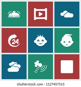 Glossy icon. collection of 9 glossy filled icons such as cloudy weather, baby, satellite, stop, play, bell. editable glossy icons for web and mobile.