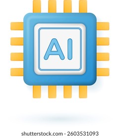 Glossy icon of computer chip featuring AI text, symbolizing artificial intelligence technology in vibrant and colorful design, emphasizing innovation. Vector illustration.