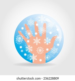 Glossy icon with hand and snowflakes on blue background. Vector