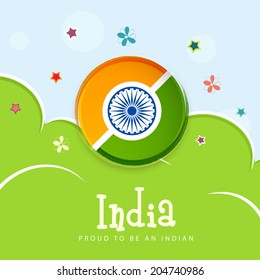 Glossy icon in Indian National Flag colors with stars and butterflies on beautiful nature background 