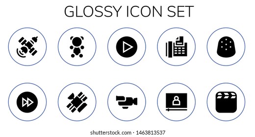 glossy icon set. 10 filled glossy icons.  Collection Of - Satellite, Forwards, Gummy bear, Play, Video, Fax, Gumdrop