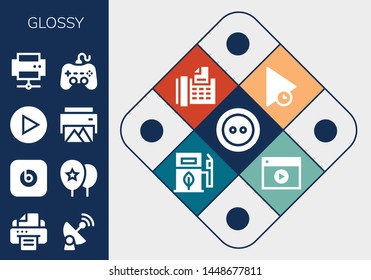 glossy icon set. 13 filled glossy icons.  Collection Of - Button, Printer, Satellite, Beats pill, Balloons, Play, Fax, Eco fuel, Video