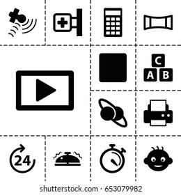 Glossy icon. set of 13 filled glossy icons such as 24 hours, baby, abc cube, printer, medical cross, stopwatch, satellite, stop, calculator, panorama mode, play, bell