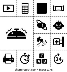 Glossy icon. set of 13 filled glossy  icons such as 24 hours, baby, abc cube, printer, medical cross, stopwatch, satellite, stop, calculator, panorama mode, play, bell