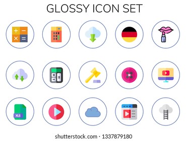 glossy icon set. 15 flat glossy icons.  Collection Of - calculator, cloud, gavel, germany, button, lipstick, video player, xls