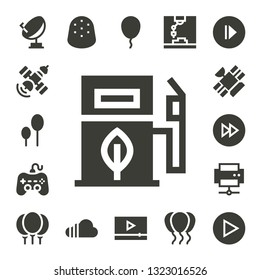 glossy icon set. 17 filled glossy icons.  Collection Of - Satellite, Balloons, Eco fuel, Play, Forwards, Printer, Gumdrop, Soundcloud, Balloon, Video