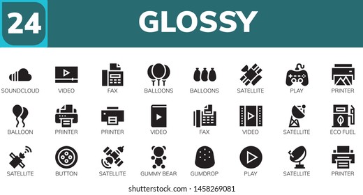 glossy icon set. 24 filled glossy icons.  Collection Of - Soundcloud, Video, Fax, Balloons, Satellite, Play, Printer, Balloon, Eco fuel, Button, Gummy bear, Gumdrop