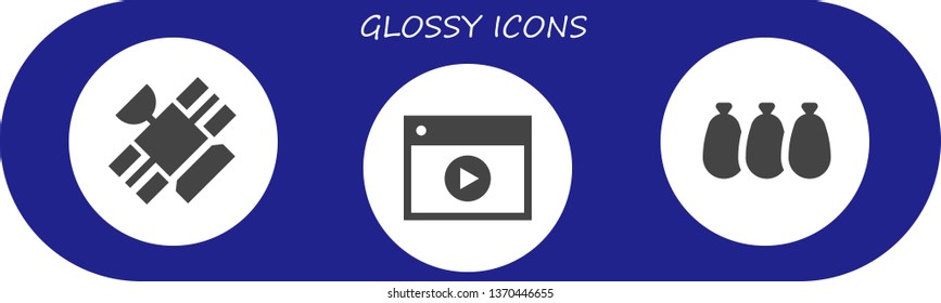 glossy icon set. 3 filled glossy icons.  Collection Of - Satellite, Video, Balloons