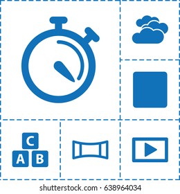 Glossy icon. set of 6 glossy filled icons such as cloudy weather, abc cube, stopwatch, stop, panorama mode