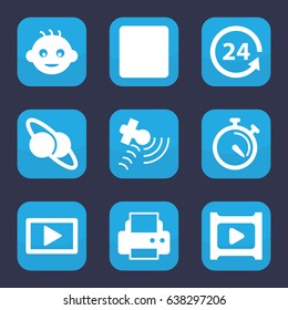 Glossy icon. set of 9 filled glossy icons such as baby, printer, stopwatch, 24 support, satellite, stop, play