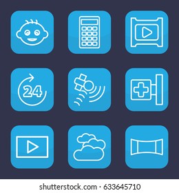 Glossy icon. set of 9 outline glossy icons such as 24 hours, cloudy weather, baby, medical cross, satellite, calculator, play