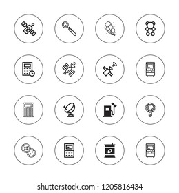 Glossy icon set. collection of 16 outline glossy icons with arcade machine, balloons, calculator, buttons, eco fuel, hand mirror, laryngeal mirror, gummy bear icons.