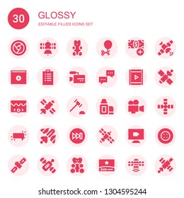 glossy icon set. Collection of 30 filled glossy icons included Chrome, Satellite, Gummy bear, Ballon, Add button, Video, Padnote, Dialogue, Auction hammer, Lip balm, Button, Forwards