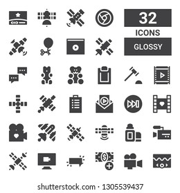 glossy icon set. Collection of 32 filled glossy icons included Video, Add button, Button, Satellite, Lip balm, Forwards, Padnote, Auction hammer, Gummy bear, Dialogue, Ballon