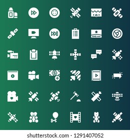 glossy icon set. Collection of 36 filled glossy icons included Satellite, Gummy bear, Video, Ballon, Auction hammer, Button, Add button, Dialogue, Padnote, Chrome, Forwards, Fast forward