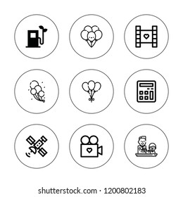 Glossy icon set. collection of 9 outline glossy icons with balloons, calculator, feeding, eco fuel, satellite icons. editable icons.