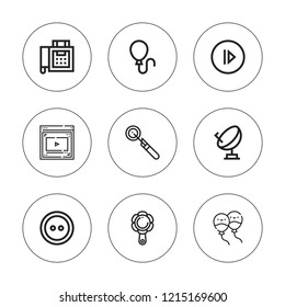 Glossy icon set. collection of 9 outline glossy icons with balloon, balloons, button, fax, hand mirror, laryngeal mirror, play, satellite icons. editable icons.