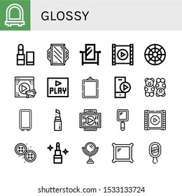glossy icon set. Collection of Mirror, Lipstick, Video player, Color circle, Video, Play, Play button, Gummy bear, Hand mirror, Buttons icons