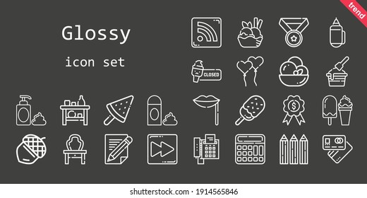 glossy icon set. line icon style. glossy related icons such as calculator, foam, acorn, pencil, rss feed, shelf, debit card, lips, dressing table, ice cream, pencils, medal, ballons, fast forward