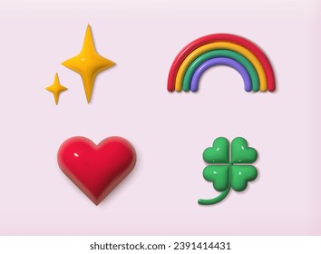 Juego de iconos con brillo. Estrella, arco iris, corazón y trébol verde. Para aplicaciones móviles. Ilustraciones de vectores 3D.