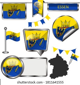 Iconos brillantes con bandera de la ciudad de Essen, Alemania. Imagen del vector