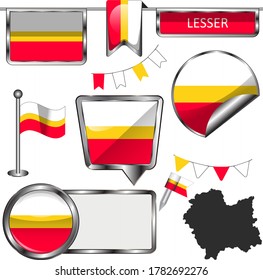 Glossy icons with flag of Lesser province, Poland country. Vector image