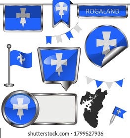 Glossy icons with flag of Rogaland county, Norway country. Vector image