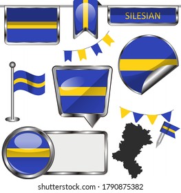 Glossy icons with flag of Silesian province, Poland country. Vector image