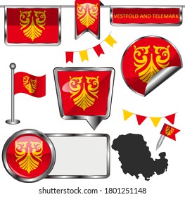 Glossy icons with flag of Vestfold and Telemark county, Norway country. Vector image