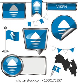 Glossy icons with flag of Viken county, Norway country. Vector image