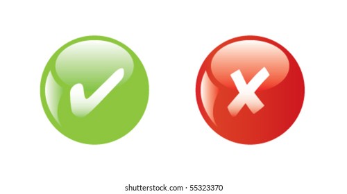 Glossy icons. Green and red buttons: true or false