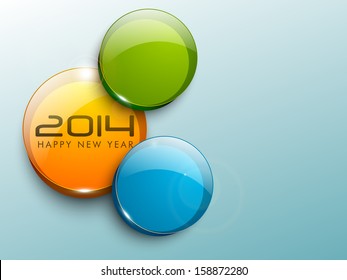 Glossy icons for Happy New Year 2014 celebration on blue background. 
