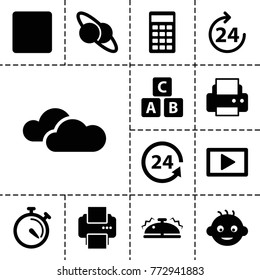 Glossy icons. set of 13 editable filled glossy icons such as 24 hours, baby, abc cube, printer, planet and satellite, stopwatch, 24 support, stop, calculator, play, bell