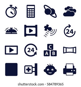 glossy icons set. Set of 16 glossy filled icons such as 24 hours, cloudy weather, baby, ABC cube, printer, medical cross, stopwatch, 24 support, satellite, stop, calculator